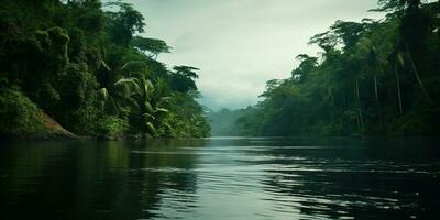 ai generiert generativ ai, amazonisch Urwald nebelig Landschaft, tropisch Regenwald mit Palme Bäume foto