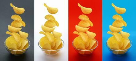 Kartoffel Chips fallen in Glas Schüssel isoliert auf Weiß Hintergrund, fliegend Kartoffel Kartoffelchips foto
