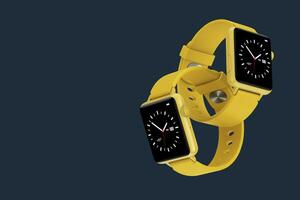 Gelb modern Clever Uhr Modelle in Verbindung gebracht zusammen auf ein dunkel Blau. 3d Rendern foto