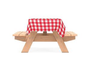 hölzern Picknick Tabelle mit Bänke und rot Plaid Tischdecke. 3d Rendern foto