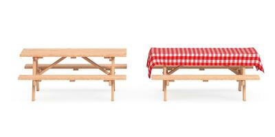 hölzern Picknick Tabelle mit Bänke und rot Plaid Tischdecke. 3d Rendern foto