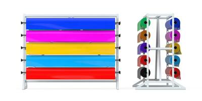 Mehrfarbig pvc Polyethylen Plastik Band Rollen oder vereiteln Proben mit Geschäft Anzeige Gestell. 3d Rendern foto