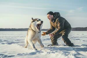 ai generiert ein Hund Züchter Ausbildung ein sibirisch heiser auf ein eisig Tundra einfach foto