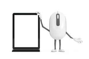 Computer Maus Karikatur Person Charakter Maskottchen mit leer Handel Show lcd Bildschirm Anzeige Stand wie Vorlage zum Ihre Design. 3d Rendern foto