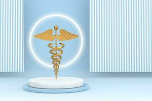 Gold medizinisch Caduceus Symbol auf oben von Produkt Präsentation Bühne oder Sockel. 3d Rendern foto