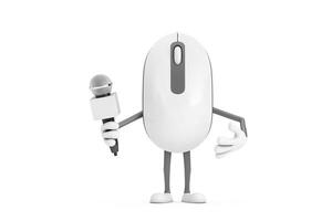 Computer Maus Karikatur Person Charakter Maskottchen mit modern Chrom Mikrofon. 3d Rendern foto