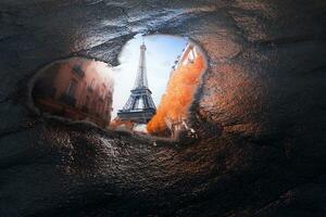 Liebe Frankreich Konzept. Betrachtung von Eiffel Turm durch Pfütze im gestalten von Herz. 3d Rendern foto