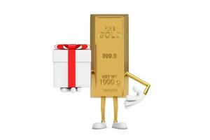 golden Bar Karikatur Person Charakter Maskottchen und Geschenk Box mit rot Schleife. 3d Rendern foto