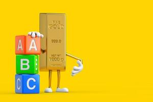 golden Bar Karikatur Person Charakter Maskottchen mit Alphabet ABC Bildung Würfel. 3d Rendern foto