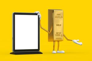 golden Bar Karikatur Person Charakter Maskottchen mit leer Handel Show lcd Bildschirm Anzeige Stand wie Vorlage zum Ihre Design. 3d Rendern foto