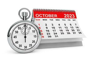 2023 Jahr Oktober Kalender mit Stoppuhr. 3d Rendern foto