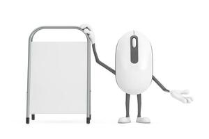 Computer Maus Karikatur Person Charakter Maskottchen mit Weiß leer Werbung Beförderung Stand. 3d Rendern foto