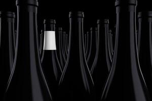 Reihe von schwarz Wein Flaschen, einer mit ein leer Weiß Etikette zum Ihre Design. 3d Rendern foto