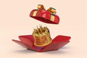 abstrakt golden Geburtstag Karikatur Dessert Kirsche Kuchen mit Kerzen im geöffnet rot Geschenk Box mit golden Schleife. 3d Rendern foto