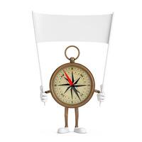 Antiquität Jahrgang Messing- Kompass Karikatur Person Charakter Maskottchen und leeren Weiß leer Banner mit kostenlos Raum zum Ihre Design. 3d Rendern foto