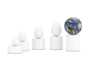 Erde geboren Konzept. Eier und Erde Globus Über Fortschritt Bar Grafiken. Elemente von diese Bild möbliert durch NASA. 3d Rendern foto