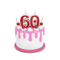 60 Jahr Geburtstag Konzept. abstrakt Geburtstag Karikatur Dessert Kirsche Kuchen mit sechzig Jahr Jahrestag Kerze. 3d Rendern foto