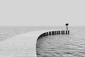 Melancholie Konzept. Frau Stehen mit Regenschirm auf ein hölzern Meer Brücke. 3d Rendern foto