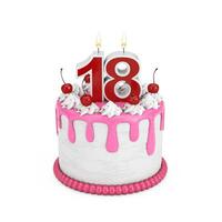 18 Jahr Geburtstag Konzept. abstrakt Geburtstag Karikatur Dessert Kirsche Kuchen mit achtzehn Jahr Jahrestag Kerze. 3d Rendern foto