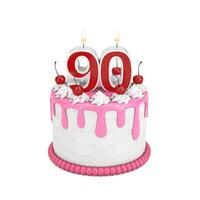 90 Jahr Geburtstag Konzept. abstrakt Geburtstag Karikatur Dessert Kirsche Kuchen mit neunzig Jahr Jahrestag Kerze. 3d Rendern foto
