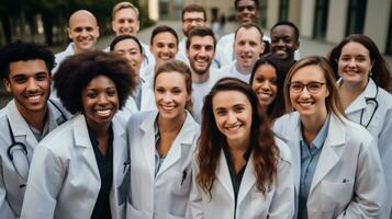 ai generiert Gruppe von lächelnd multiethnisch Ärzte im medizinisch Kleider Stehen draußen foto
