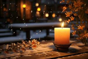 ai generiert Verbrennung Kerze auf hölzern Tabelle draußen beim Nacht. Winter Urlaub Konzept foto