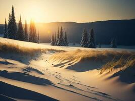 ai generiert Sonnenuntergang im das Holz zwischen das Bäume Stämme im Winter Zeitraum. Sonnenuntergang im das Wald foto