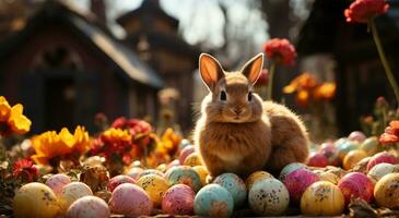 ai generiert Aussicht von ein schön Hase Stehen und etwas bunt Ostern Eier Nächster zu es foto