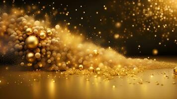 ai generiert golden Partikel und Sträusel auf Weihnachten oder Neu Jahr Feier. glänzend golden Beleuchtung. Hintergrund Hintergrund zum Anzeigen oder Geschenke wickeln foto