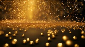ai generiert golden Partikel und Sträusel auf Weihnachten oder Neu Jahr Feier. glänzend golden Beleuchtung. Hintergrund Hintergrund zum Anzeigen oder Geschenke wickeln foto