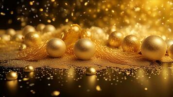 ai generiert golden Partikel und Sträusel auf Weihnachten oder Neu Jahr Feier. glänzend golden Beleuchtung. Hintergrund Hintergrund zum Anzeigen oder Geschenke wickeln foto