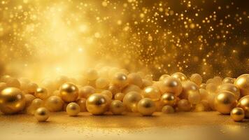 ai generiert golden Partikel und Sträusel auf Weihnachten oder Neu Jahr Feier. glänzend golden Beleuchtung. Hintergrund Hintergrund zum Anzeigen oder Geschenke wickeln foto