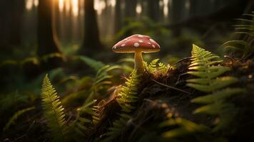 ai generiert Nahansicht von ein rot Pilz im das Wald beim Sonnenuntergang. foto