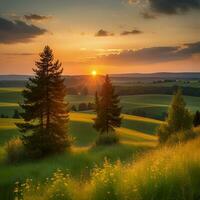 ai generiert schön Sommer- Sonnenuntergang Landschaft. foto