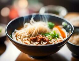 ai generiert Nahansicht von ein köstlich Schüssel von Ramen. foto