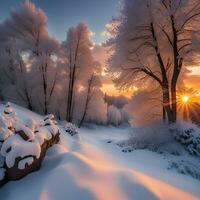 ai generiert schneebedeckt Winter Sonnenuntergang Landschaft. foto