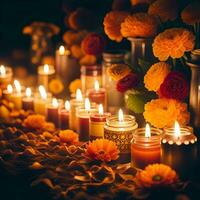 ai generiert Nahansicht von Kerzen und Chrysanthemen Blumen beim das Friedhof. alle Heilige Tag Friedhof. foto