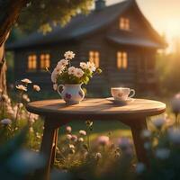 ai generiert ein Tasse von Tee im das Garten. ein Tasse von Tee und ein Vase voll von Blumen auf ein hölzern Garten Tabelle im ein Sommer- Garten beim Sonnenuntergang. foto