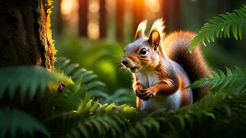 ai generiert Porträt von ein Eichhörnchen im das Wald beim Sonnenuntergang. foto