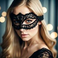 ai generiert Porträt von ein Frau im schwarz Spitzen- Karneval Maske. foto