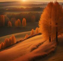 ai generiert Herbst Sonnenuntergang Wiese Landschaft. foto