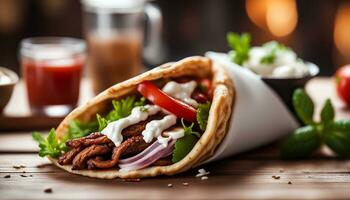 ai generiert Nahansicht von ein köstlich griechisch Gyros. foto