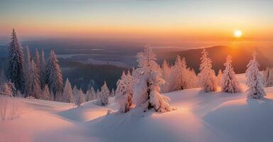 ai generiert schneebedeckt Winter Sonnenuntergang Landschaft. foto