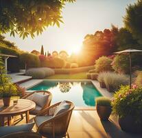 ai generiert schön Sommer- Garten mit Schwimmen Schwimmbad beim Sonnenuntergang foto