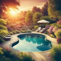 ai generiert schön Sommer- Garten mit Schwimmen Schwimmbad beim Sonnenuntergang foto