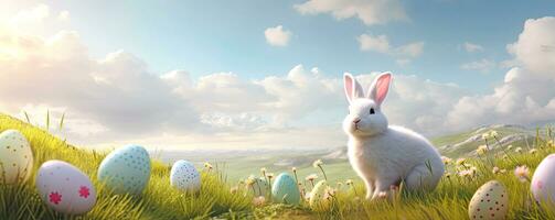 ai generiert Ostern Landschaft. horizontal Banner mit ein süß Ostern Hase auf ein Blume Wiese mit farbig Eier. Karikatur Stil. ai generiert Illustration. foto