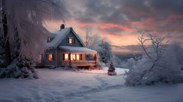 ai generiert Märchen Winter Landschaft mit hölzern Haus und Berg See beim Nacht foto