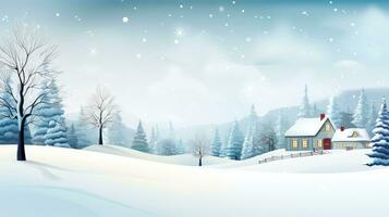 ai generiert Märchen Winter Landschaft mit hölzern Haus und Berg See beim Nacht foto