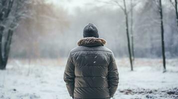 ai generiert Mann Stehen im das Winter Wald und suchen beim das schneebedeckt Landschaft. foto