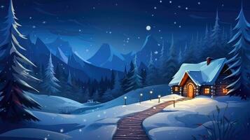 hölzern Haus im Winter Wald beim Nacht foto